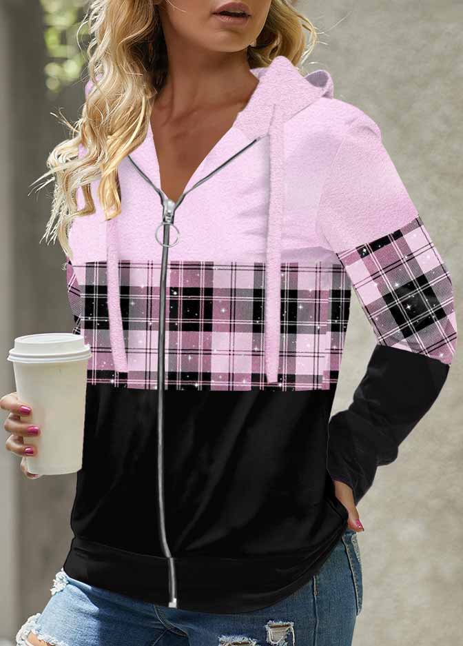 ROTITA Tartan Print Light Purple Long Sleeve Hoodie