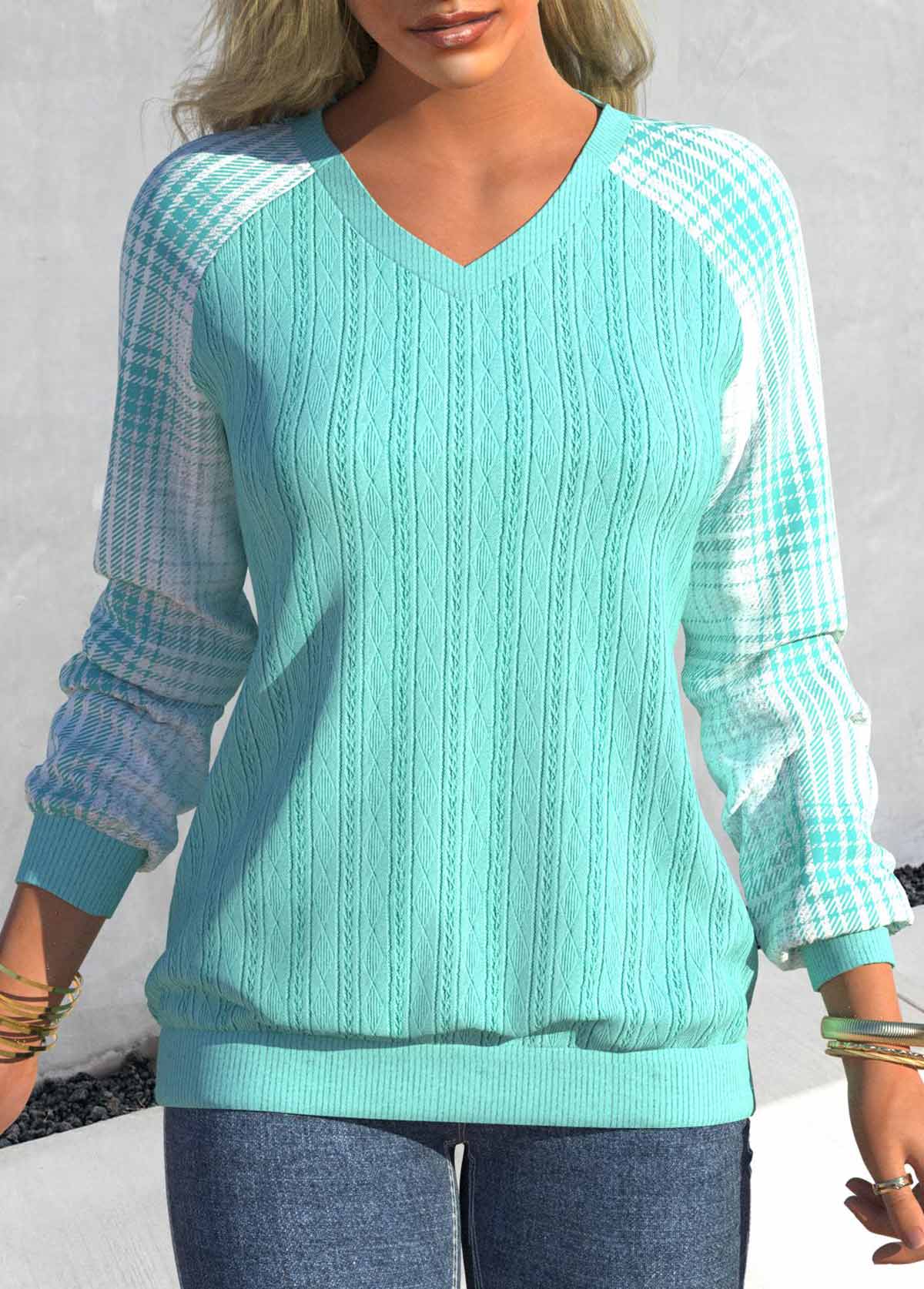 ROTITA Tartan Print Cyan V Neck Long Sleeve Sweatshirt