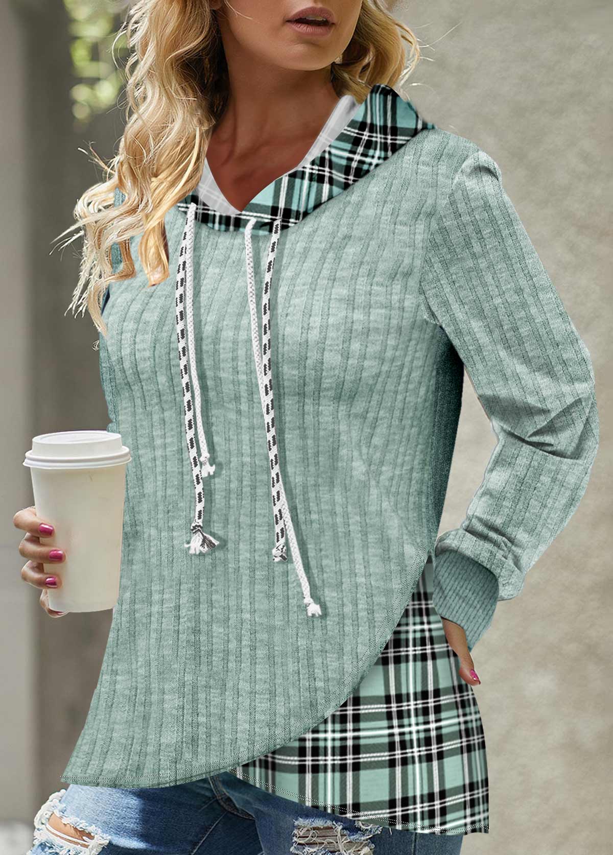 ROTITA Cross Hem Tartan Print Light Green Hoodie