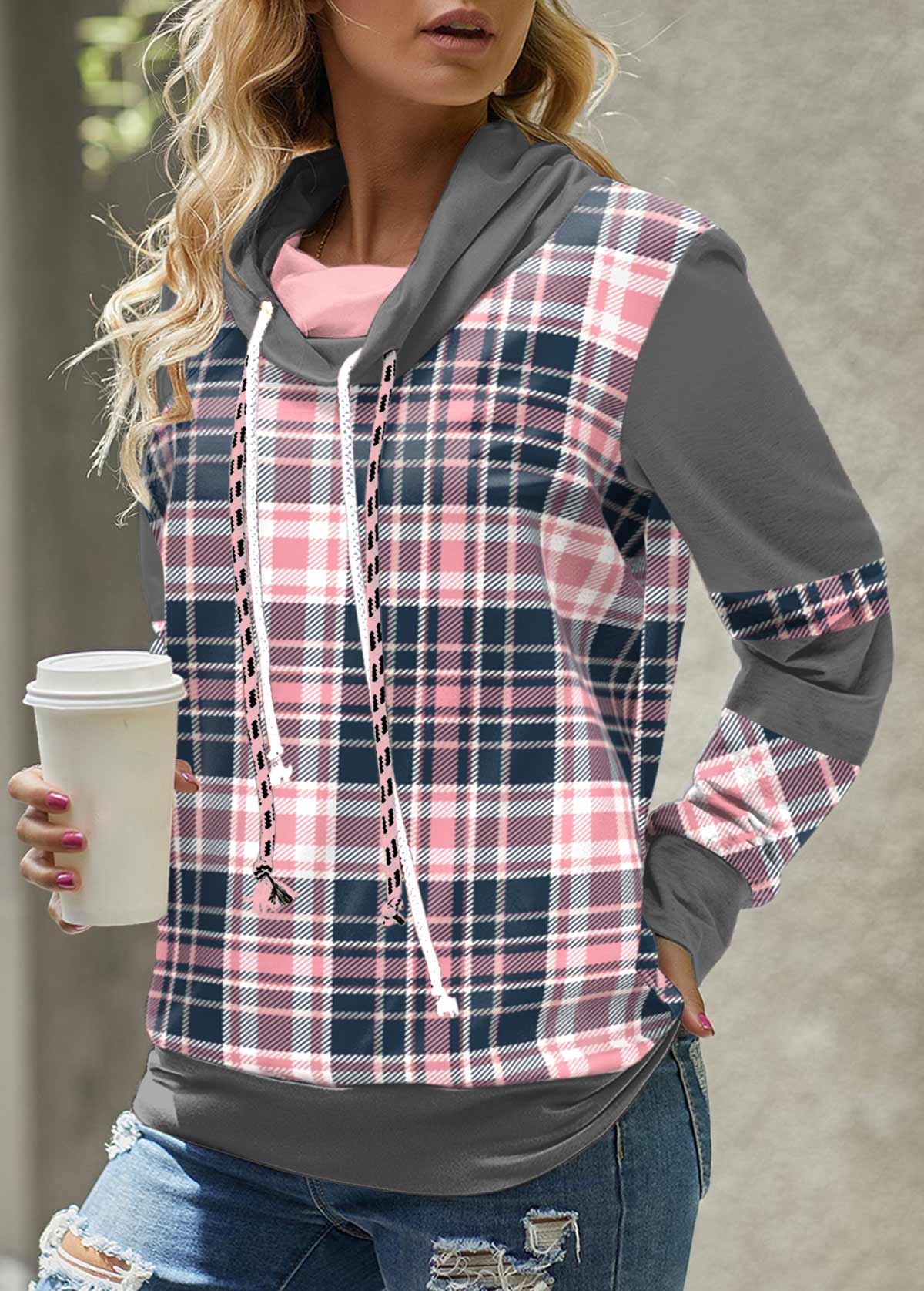 ROTITA Tartan Print Pink Cowl Neck Long Sleeve Sweatshirt