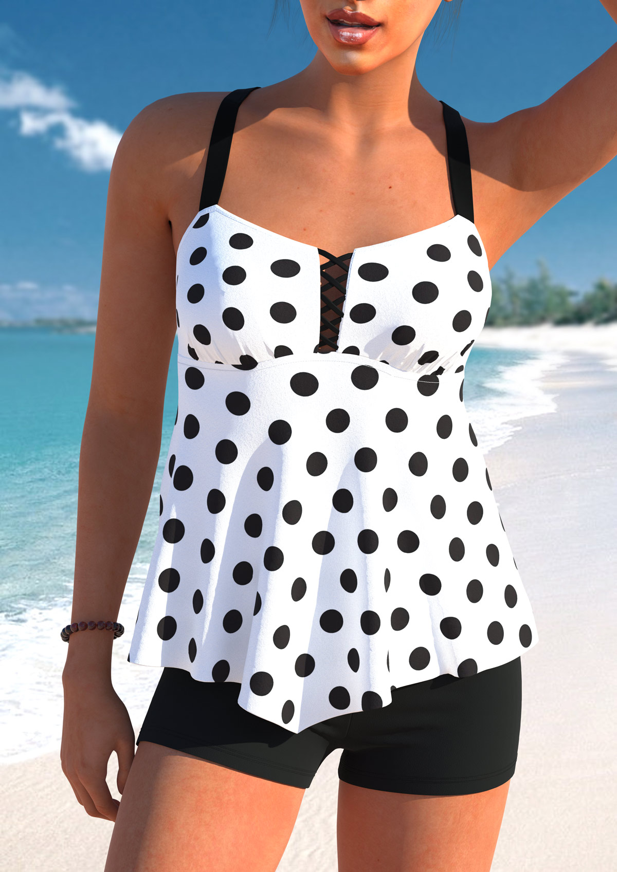 ROTITA Asymmetry White Polka Dot Tankini Top